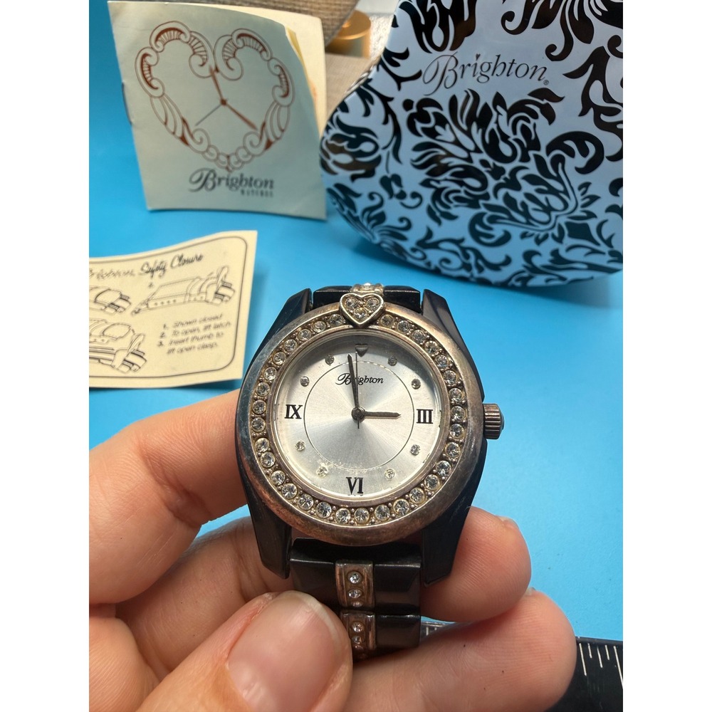 Brighton Dana Point Black Link Watch Crystal Bezel Heart Detail Japan Movement